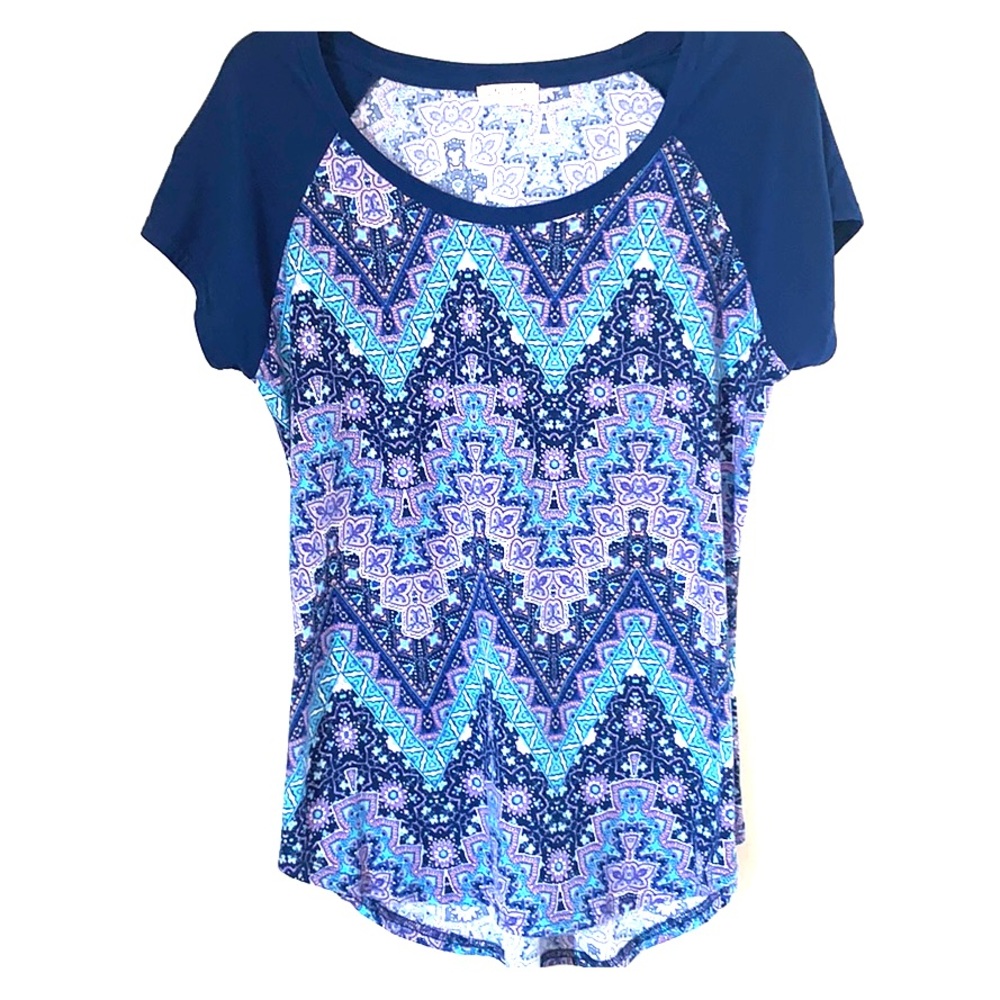 Women’s paisley print purple, teal and blue top.